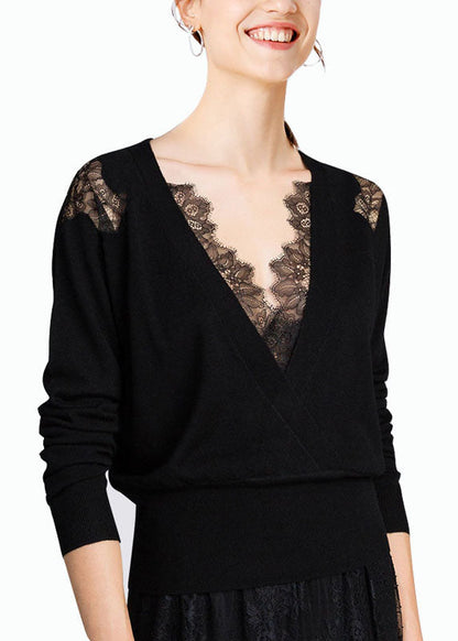 Black V Neck Lace Patchwork Hollow Out Wool Knitted Tops Winter