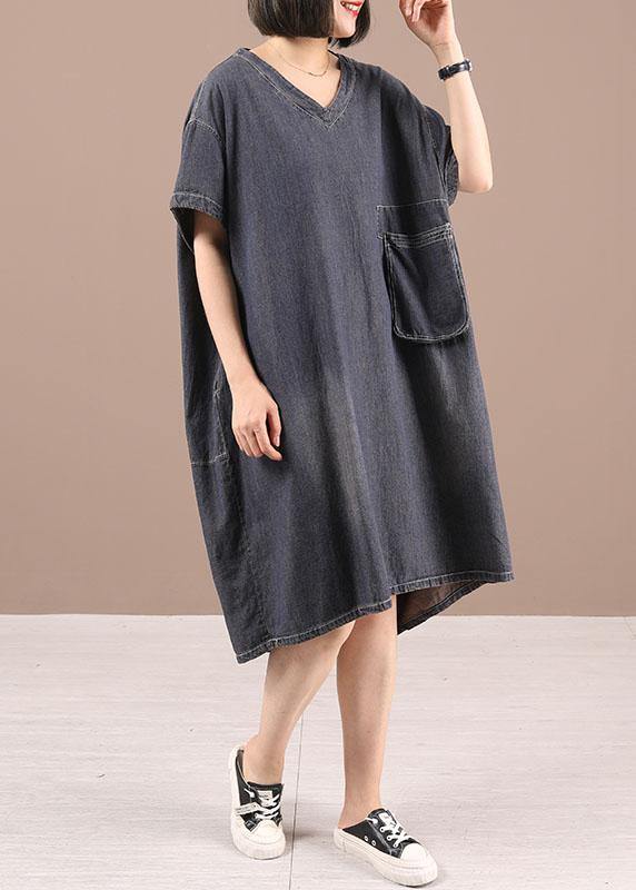 Black V Neck Pockets Denim Summer Maxi Dresses