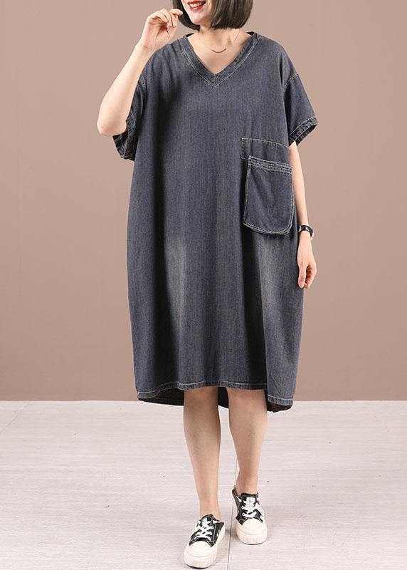 Black V Neck Pockets Denim Summer Maxi Dresses