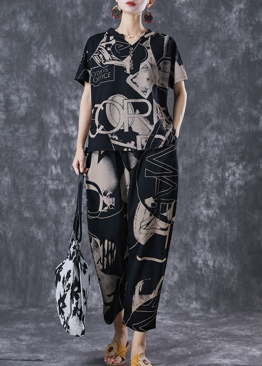Black V Neck Print Cotton Two Piece Set Clothing Summer