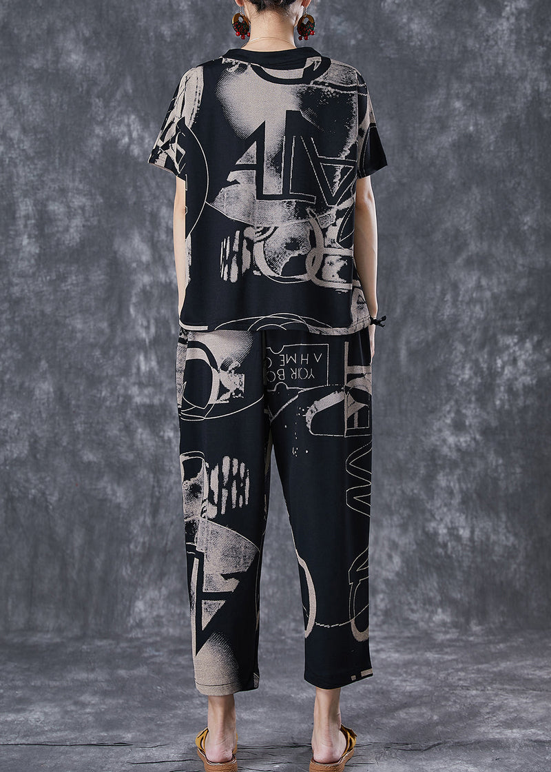 Black V Neck Print Cotton Two Piece Set Clothing Summer