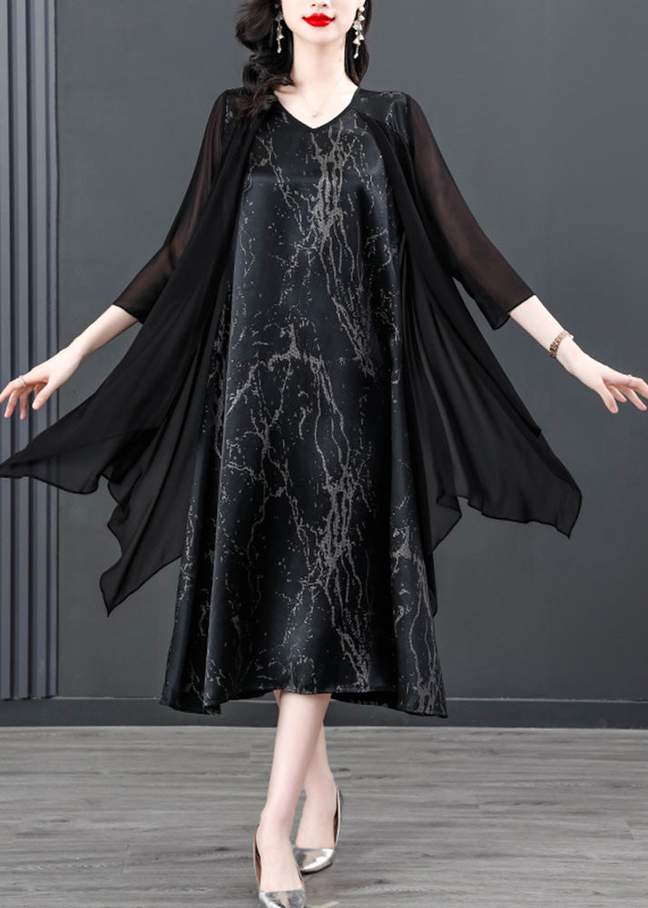 Black V Neck Print Patchwork Fake Two Pieces Satin Maxi Dress Summer