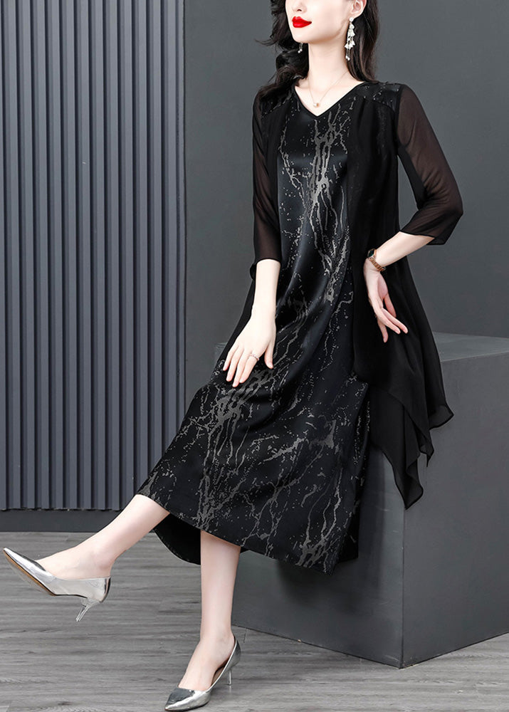 Black V Neck Print Patchwork Fake Two Pieces Satin Maxi Dress Summer