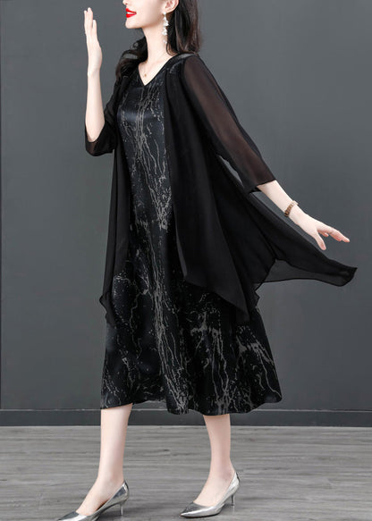 Black V Neck Print Patchwork Fake Two Pieces Satin Maxi Dress Summer