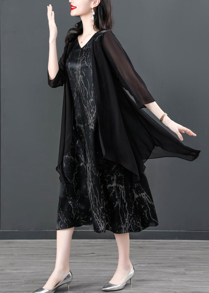 Black V Neck Print Patchwork Fake Two Pieces Satin Maxi Dress Summer