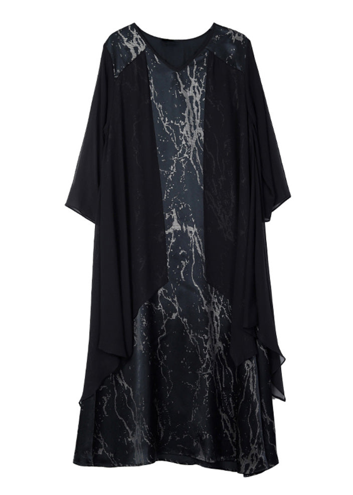 Black V Neck Print Patchwork Fake Two Pieces Satin Maxi Dress Summer