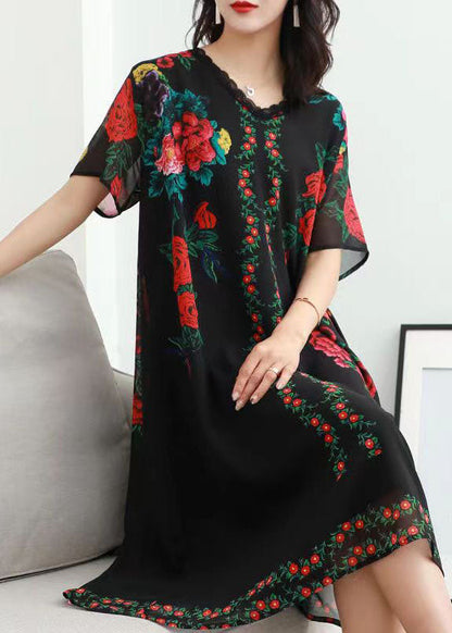 Black V Neck Rose Print Patchwork Chiffon Dresses Summer