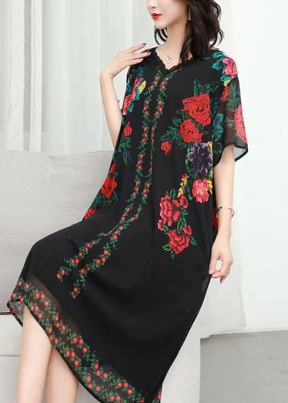 Black V Neck Rose Print Patchwork Chiffon Dresses Summer