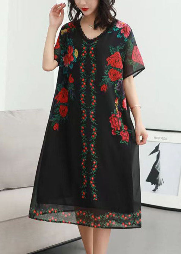 Black V Neck Rose Print Patchwork Chiffon Dresses Summer