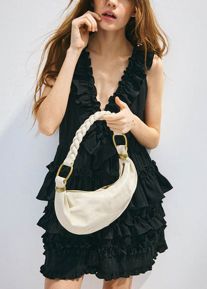 Black V Neck Ruffled Patchwork Cotton Dress Sleeveless