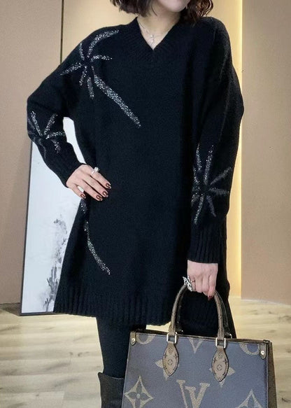 Black V Neck Sequins Oversized Long Knit Dress Winter