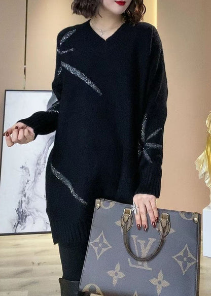 Black V Neck Sequins Oversized Long Knit Dress Winter