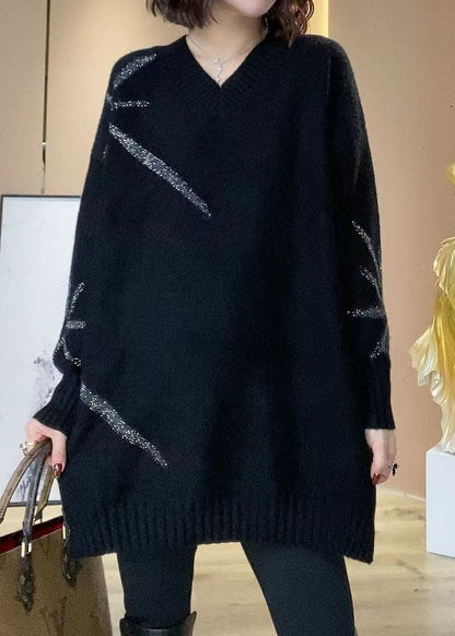 Black V Neck Sequins Oversized Long Knit Dress Winter