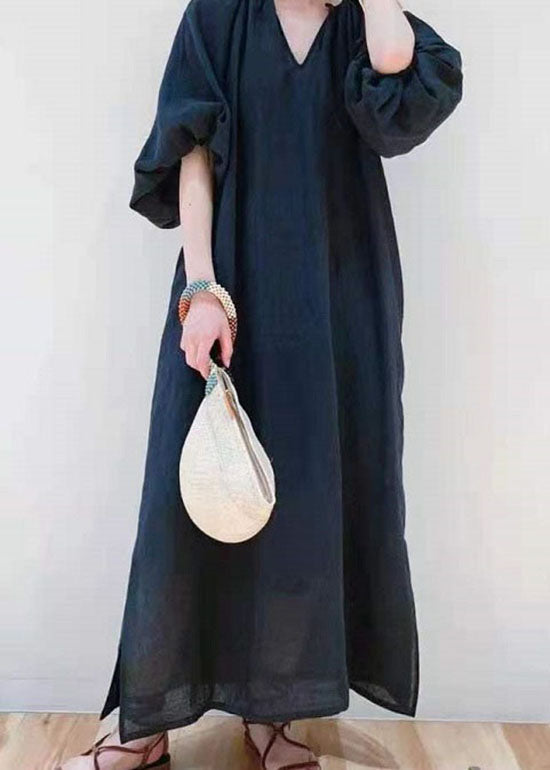 Black V Neck Side Open Cotton Dresses Puff Sleeve