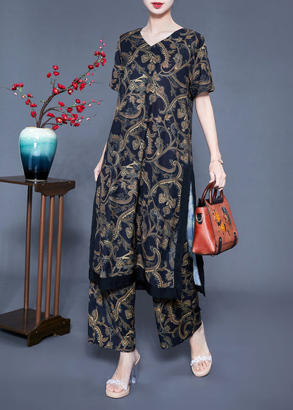 Black V Neck Side Open Print Silk Two Pieces Set Summer