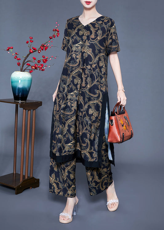 Black V Neck Side Open Print Silk Two Pieces Set Summer