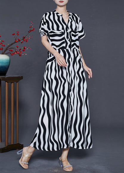 Black V Neck Striped Chiffon Dress Summer