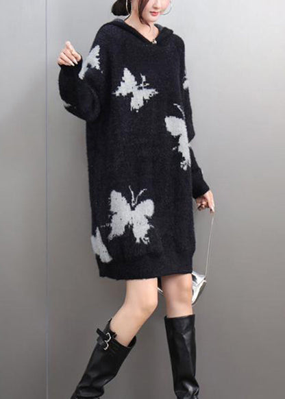 Black V Neck Thick Print Cotton Knit Sweaters Winter
