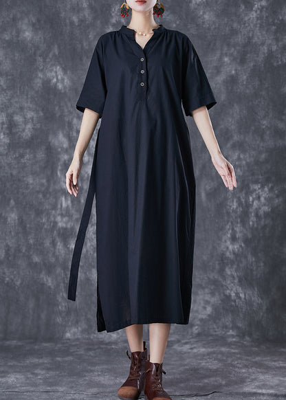 Black V Neck Tie Waist Cotton Holiday Dress Summer
