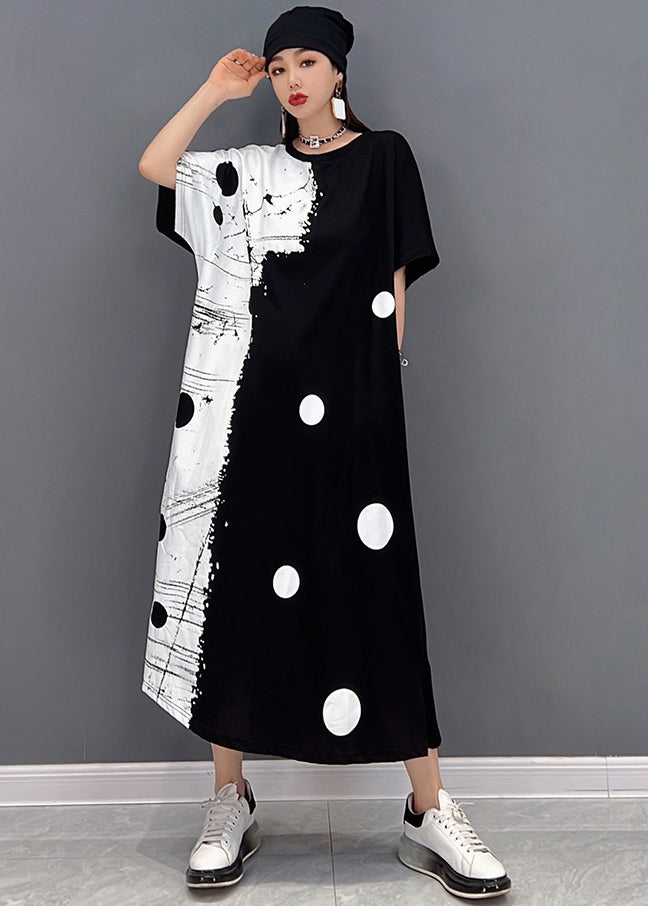 Black White Patchwork Dot Print Cotton Sweatshirt Long Dress Short Sleeve