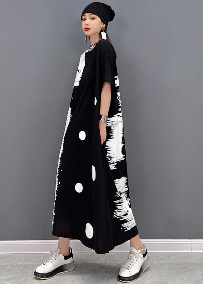 Black White Patchwork Dot Print Cotton Sweatshirt Long Dress Short Sleeve