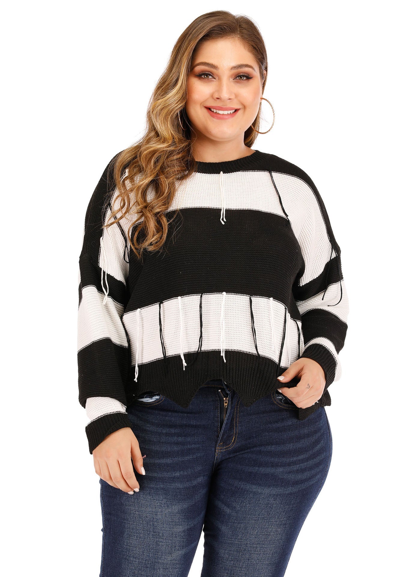 Black White Striped Backless Tassel Knit Pullover Long Sleeve