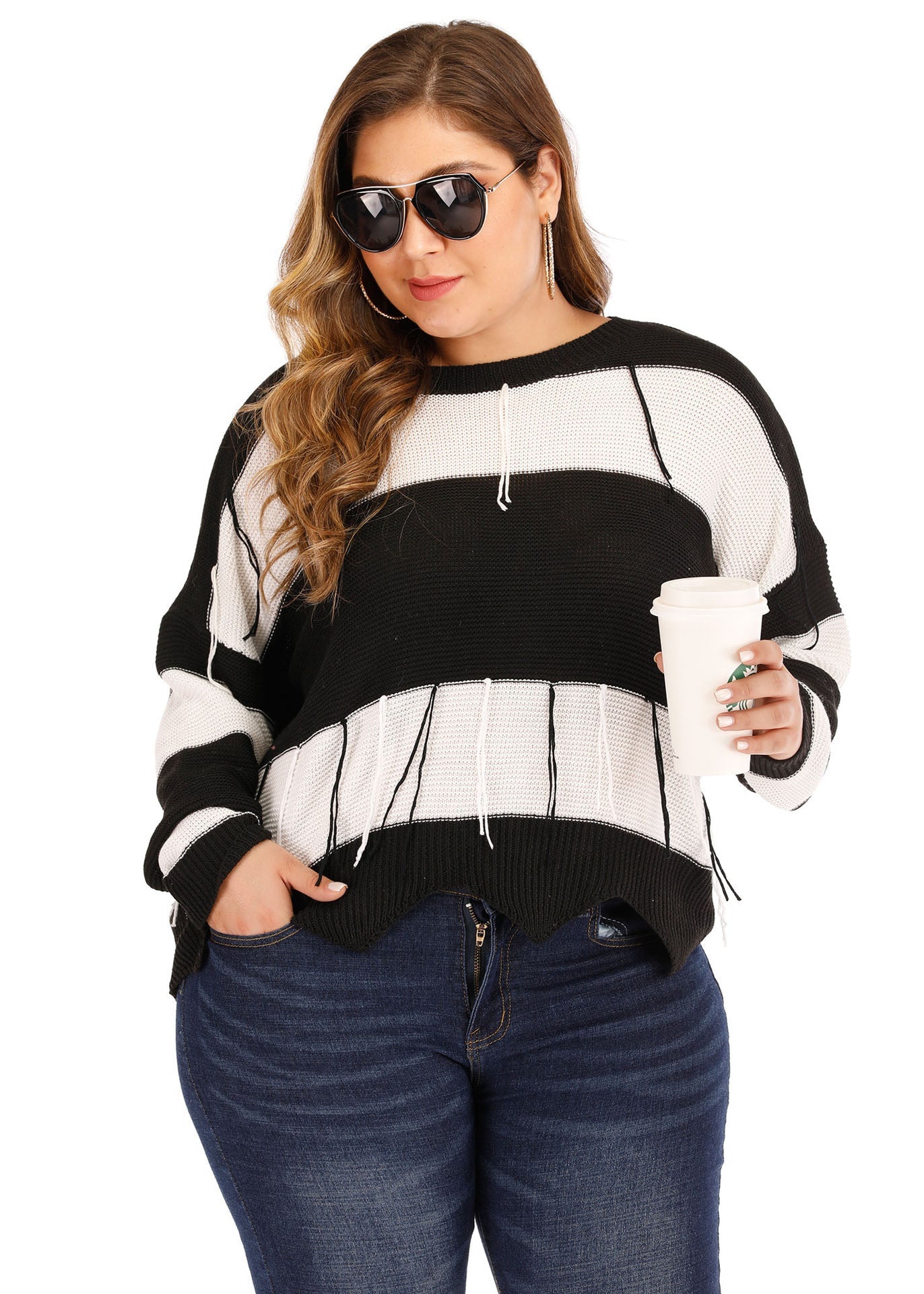 Black White Striped Backless Tassel Knit Pullover Long Sleeve