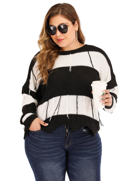 Black White Striped Backless Tassel Knit Pullover Long Sleeve