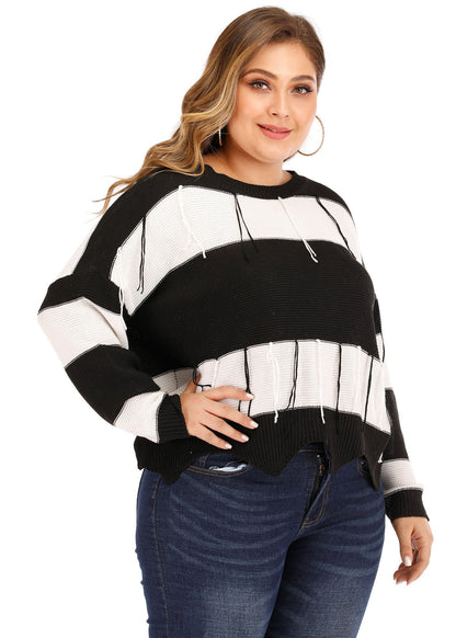 Black White Striped Backless Tassel Knit Pullover Long Sleeve