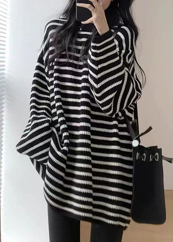 Black White Striped O-neck Cozy Mid Knit Sweater Fall