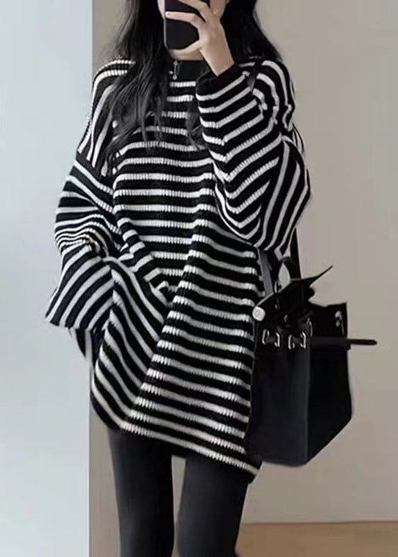 Black White Striped O-neck Cozy Mid Knit Sweater Fall