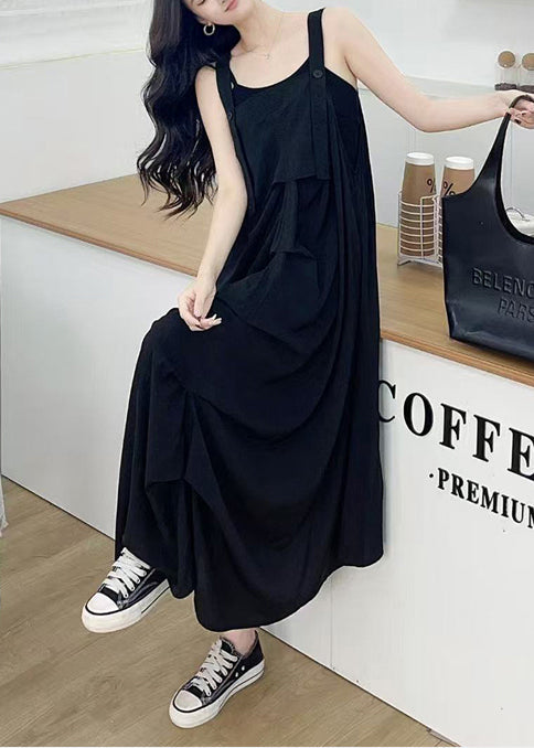 Black Wrinkled Cotton Cami Dresses Summer
