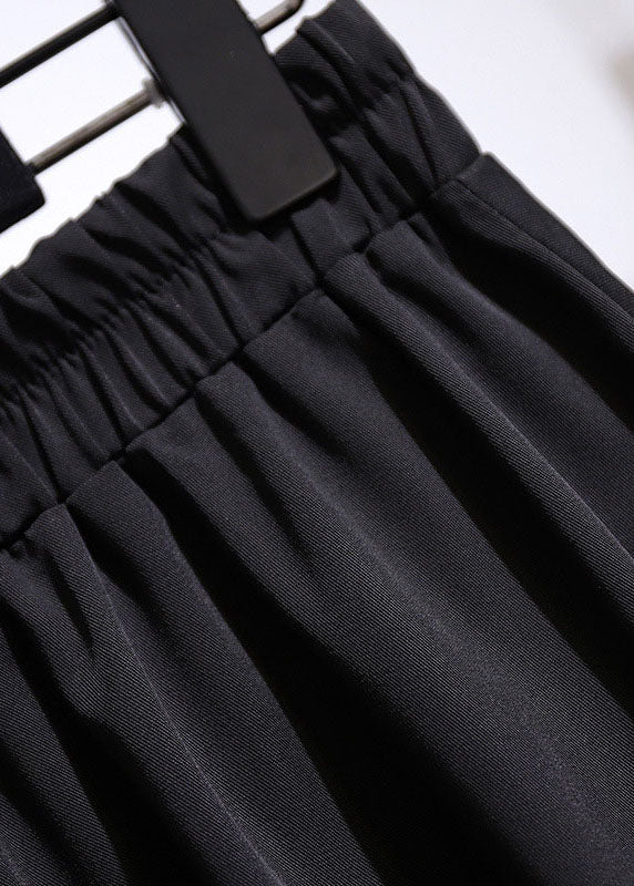 Black Wrinkled Elastic Waist Patchwork Cotton a Iine Skirts Fall