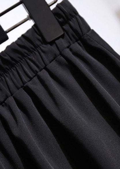 Black Wrinkled Elastic Waist Patchwork Cotton a Iine Skirts Fall