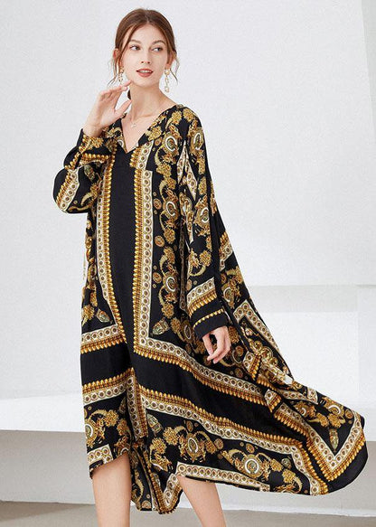Black Yellow Print Loose Asymmetrical Design Fall Holiday Dress Long Sleeve