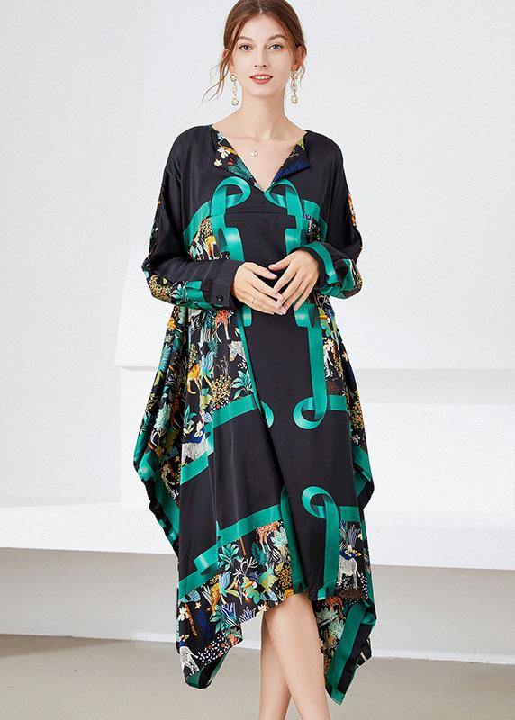 Black Yellow Print Loose Asymmetrical Design Fall Holiday Dress Long Sleeve