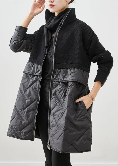 Black Zip Up Patchwork Fine Cotton Filled Knit Coat Winter