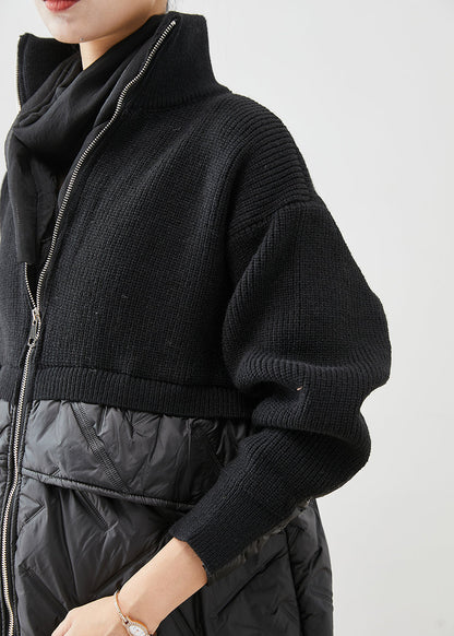 Black Zip Up Patchwork Fine Cotton Filled Knit Coat Winter