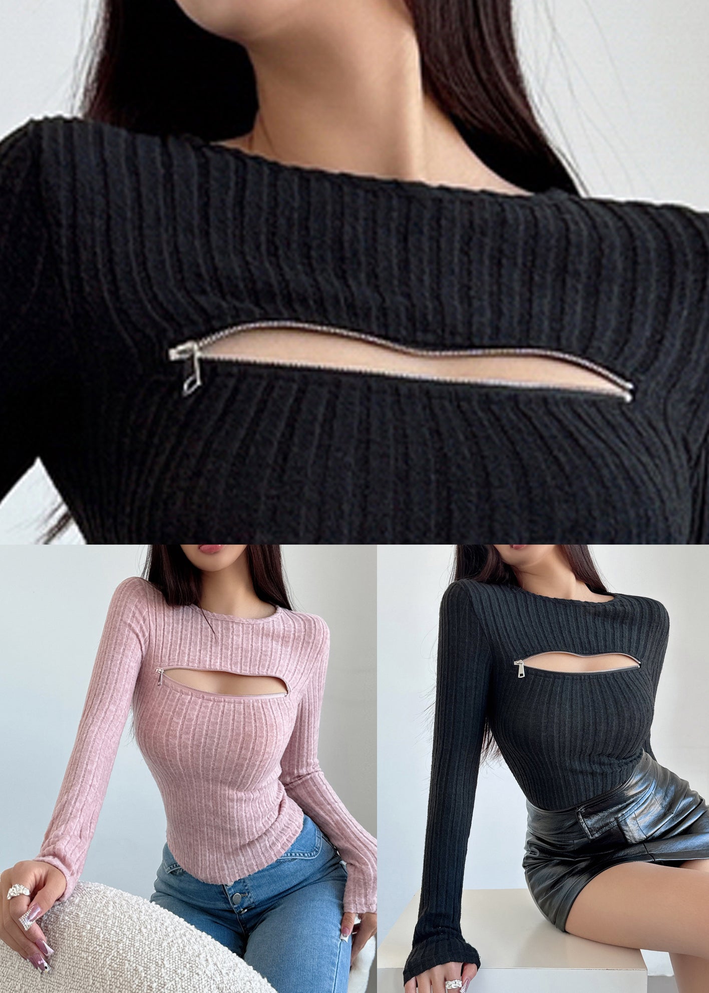 Black Zip Up Knit Sweaters Fall