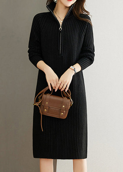 Black Zippered Patchwork Woolen Knit Dress Fall