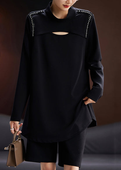 Black Zircon Hollow Out Cotton T Shirts Long Sleeve