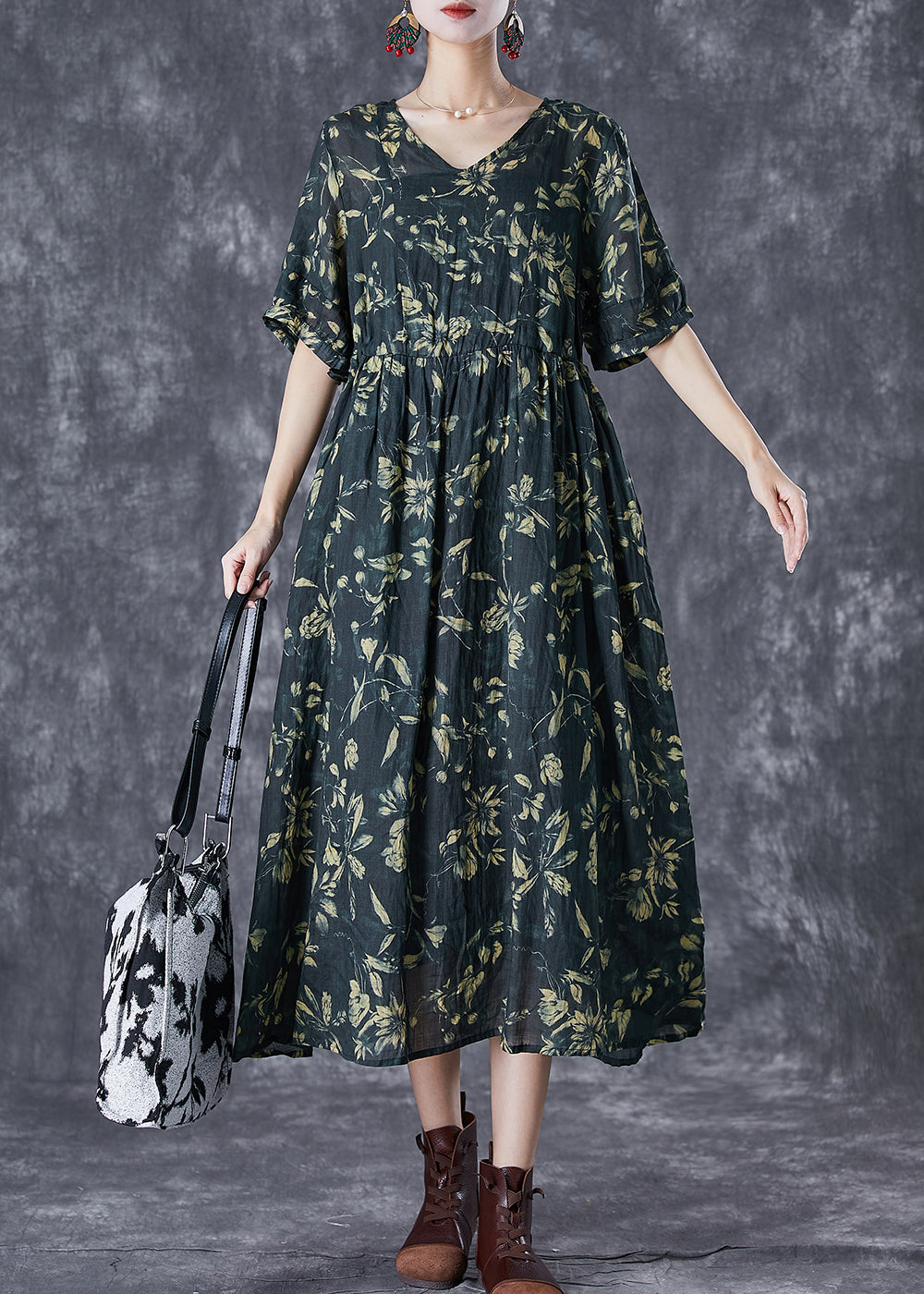 Blackish Green Cinched Print Linen Maxi Dress Summer