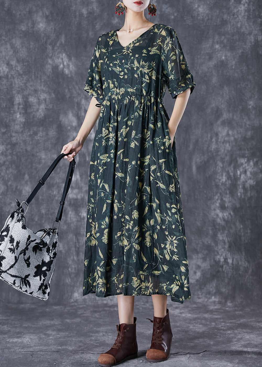 Blackish Green Cinched Print Linen Maxi Dress Summer