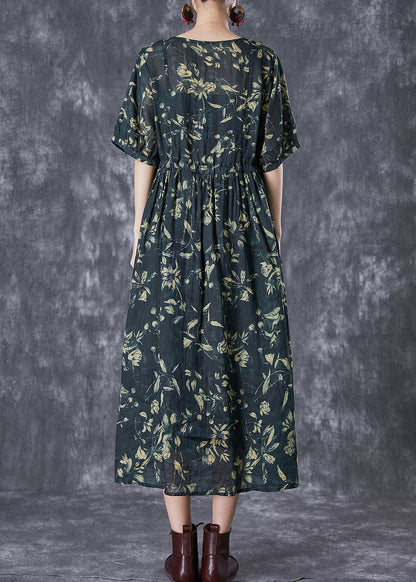Blackish Green Cinched Print Linen Maxi Dress Summer