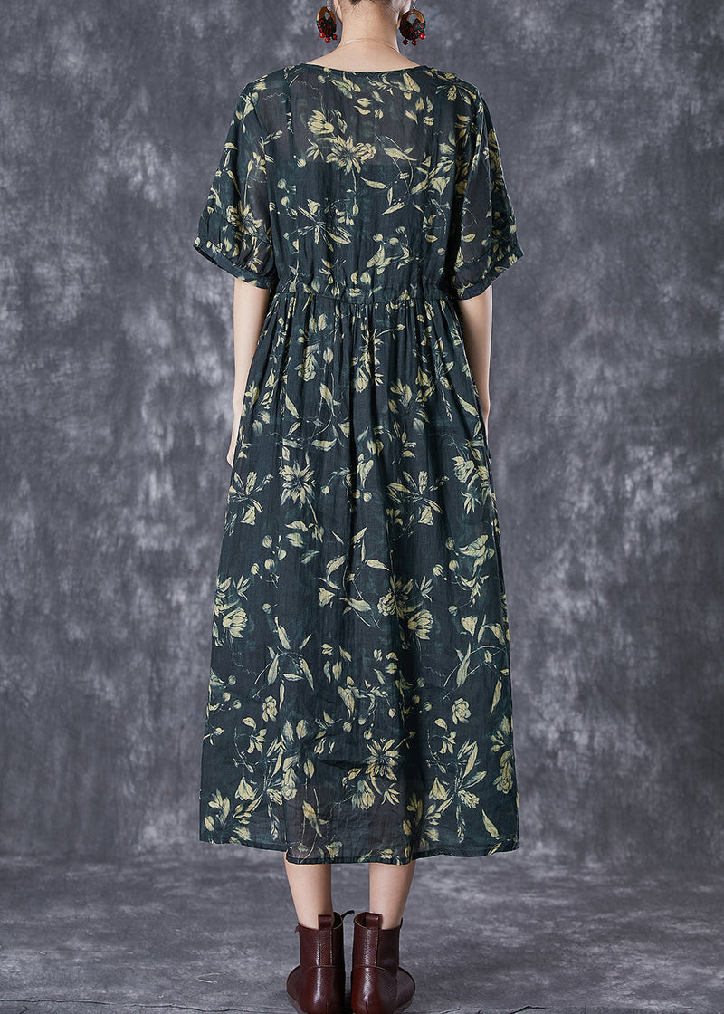 Blackish Green Cinched Print Linen Maxi Dress Summer