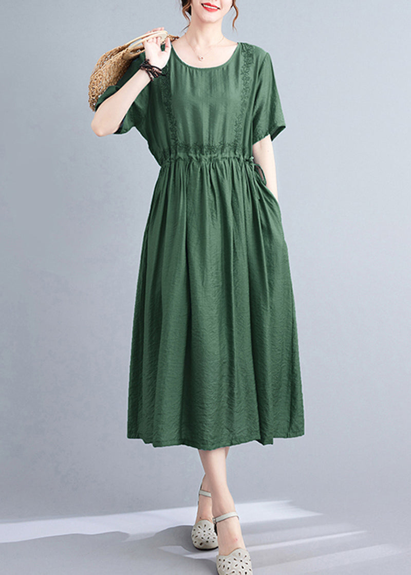 Blackish Green Embroideried Cinched Linen Silk Dress Summer