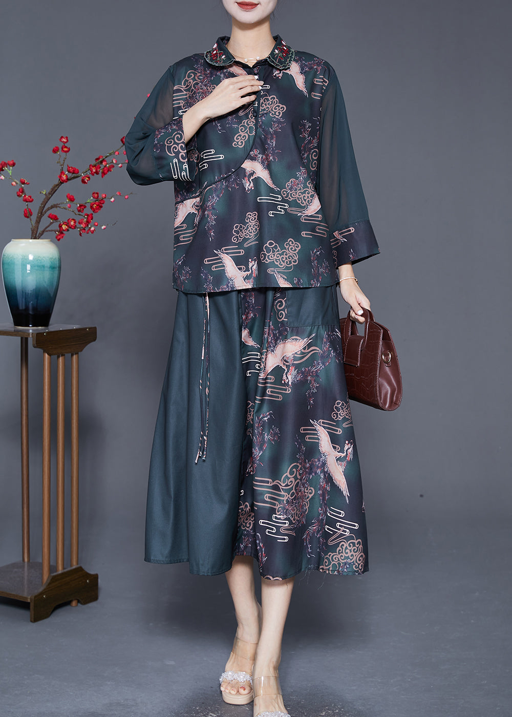 Blackish Green Embroidered Patchwork Print Silk Two Pieces Set Summer