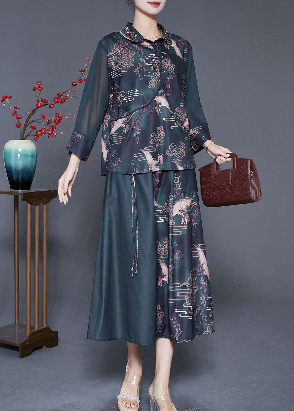 Blackish Green Embroidered Patchwork Print Silk Two Pieces Set Summer