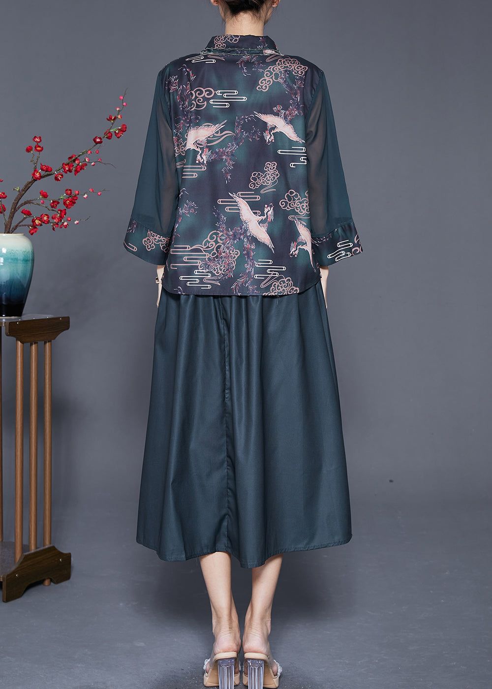 Blackish Green Embroidered Patchwork Print Silk Two Pieces Set Summer