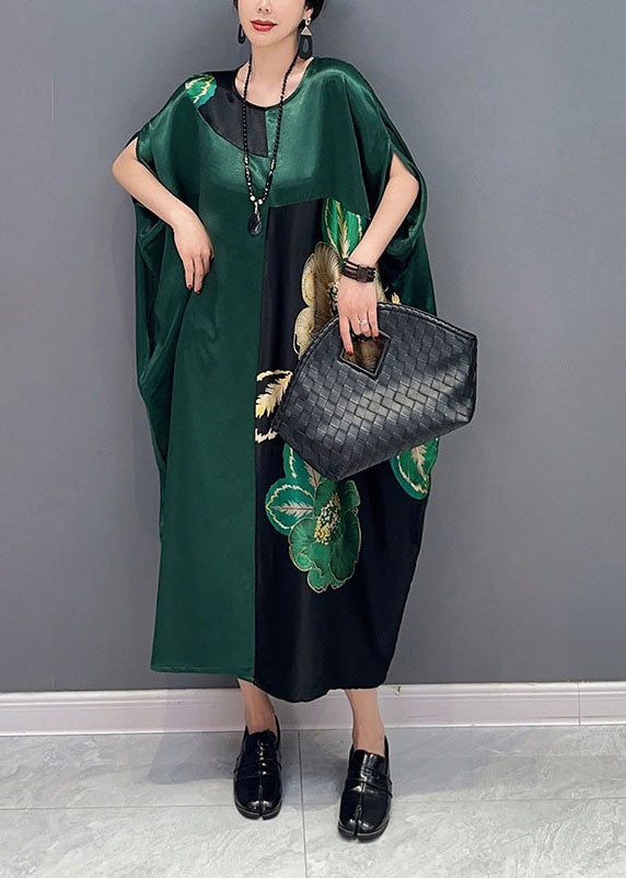 Blackish Green Oversized Patchwork Print Silk Dress Batwing Sleeve